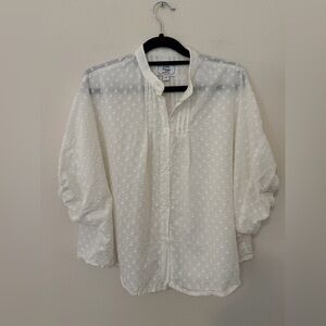 Emerson Fry Love, Tomas Swiss Dot Organic White Blouse O/S Boho Mandarin Collar